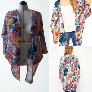 Floral Sheer Kimono Cardigan Boho Open Front Lightweight Cover Up XXL